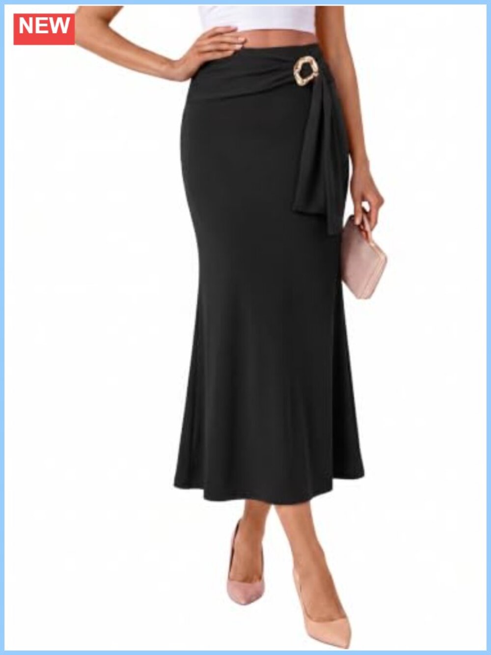 Wenrine Womens Stretch Wrap High Waist Midi Skirt Business Casual